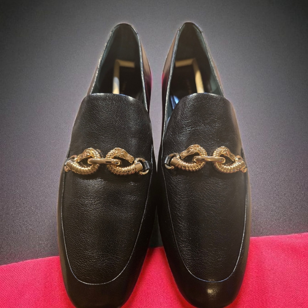 Tory Burch Black Loafers with Gold Chain Accent